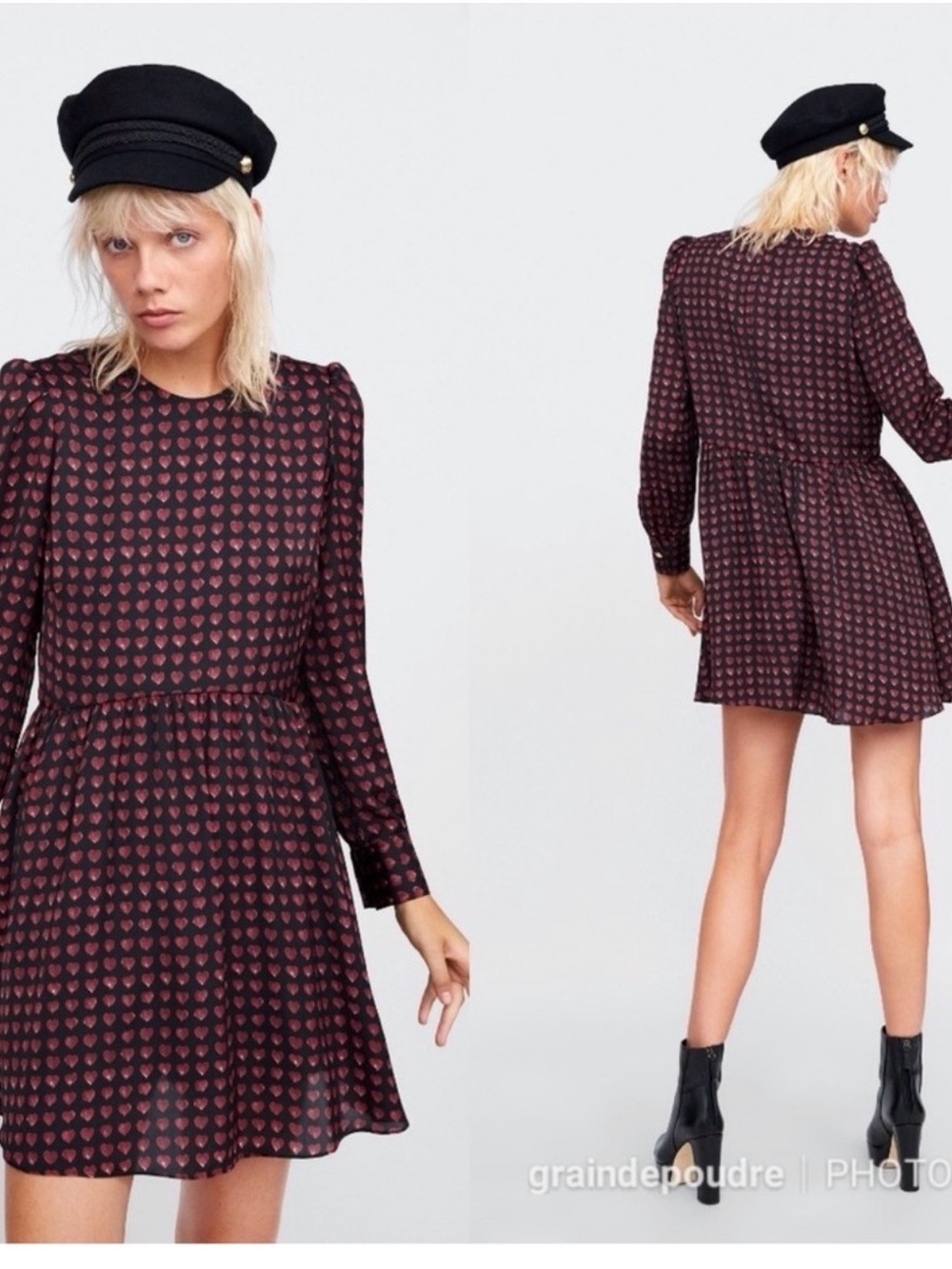 Zara Black Mini Dress with Red Heart Print